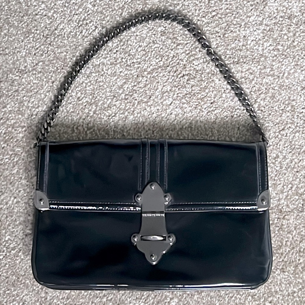 Tracy Reese black Patent Leather clutch or shoulder bag w/gunmetal hardware EUC